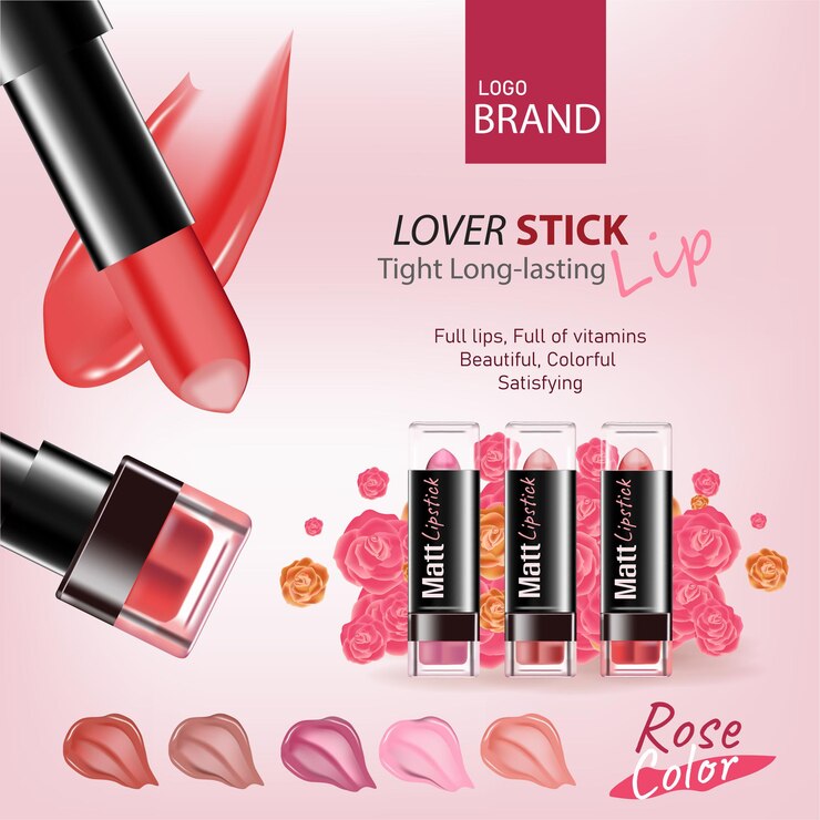 Lápiz labial de tono de color rosa con cosméticos y flores Vista superior sobre fondo rosa flor rosa
