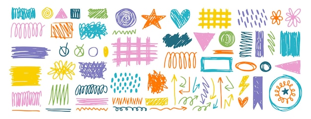 Lápiz de lápiz pincel trazo elementos desordenados conjunto de colores niños textura círculos de trazo pincel de lápic