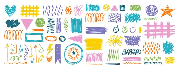 Lápiz de lápiz pincel trazo elementos desordenados conjunto de colores niños textura círculos de trazo pincel de lápic