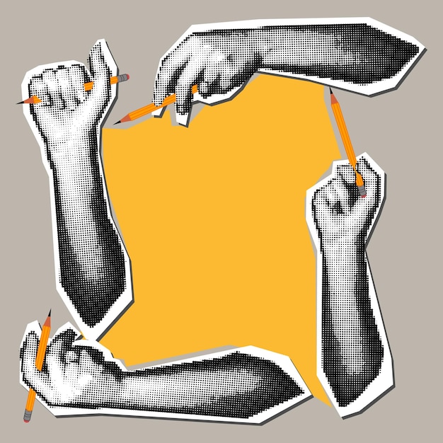 Lápiz en la mano al estilo del pop art grunge Las manos vectoriales están dispuestas en un círculo con un lápiz