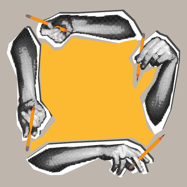Lápiz en la mano al estilo del pop art grunge Las manos vectoriales están dispuestas en un círculo con un lápiz