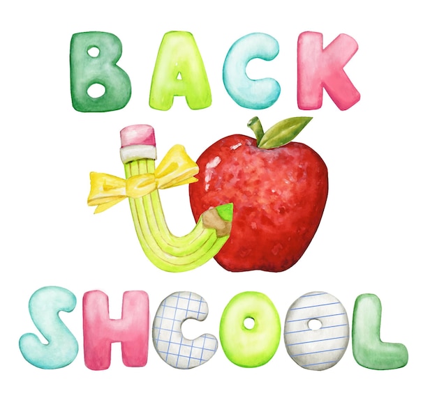 Lápiz de manzana de regreso a la escuela cartel de saludo de acuarela en estilo de dibujos animados sobre un fondo aislado