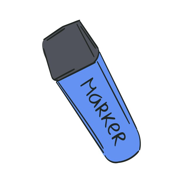 Lápiz de marcador azul Marcador de texto Oficina de la escuela Marcador de texto Escritorio dibujado aislado Estilo plano.