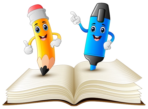 lápiz y resaltador de dibujos animados de pie en el libro