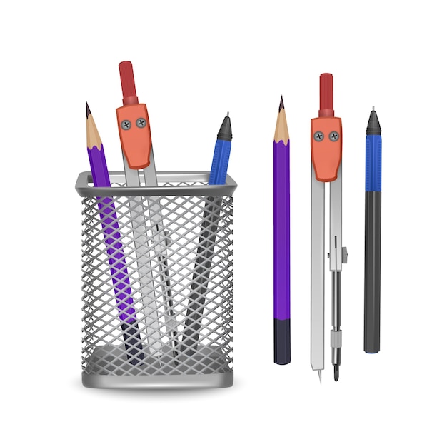Lápiz simple realista, bolígrafo y brújula de dibujo, oficina y papelería en la cesta en blanco