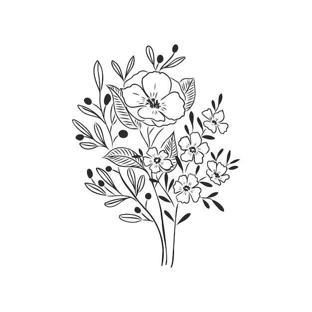  Lápiz de tinta el dibujo vectorial de decoración de hojas y flores sobre fondo blanco