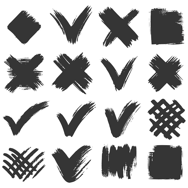 Lápiz de tiza dibujado a mano marcas de comprobación de carbón iconas de lista de comprobación lápiz de colores signos de marcación y cruz