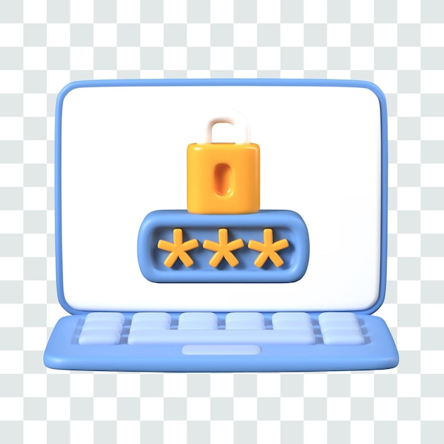 Laptop 3D con bloqueo y contraseña en la pantalla Concepto de protección de gadgets personales