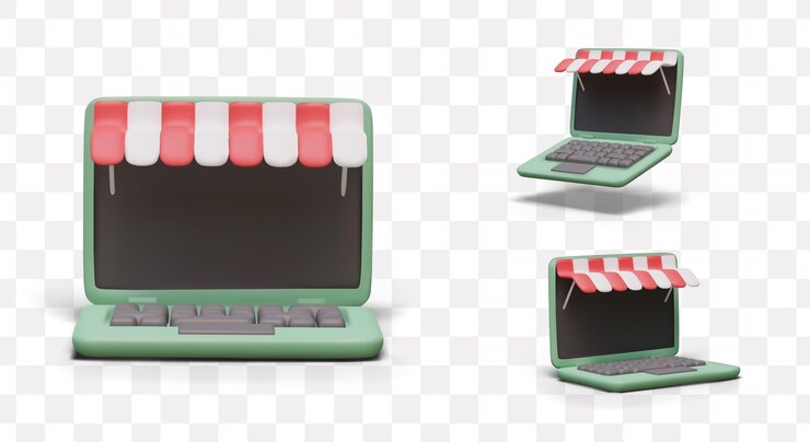 Vector laptop 3d con pantalla negra y dosel de tienda a rayas maquetas vectoriales para publicidad de tiendas en línea