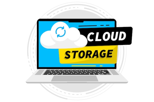 Laptop con almacenamiento en la nube. Intercambio de información. Laptop carga archivos al servidor de la nube. Tecnología de computación en la nube. Hosting, gestión de red, sincronización de datos, base de datos, acceso remoto