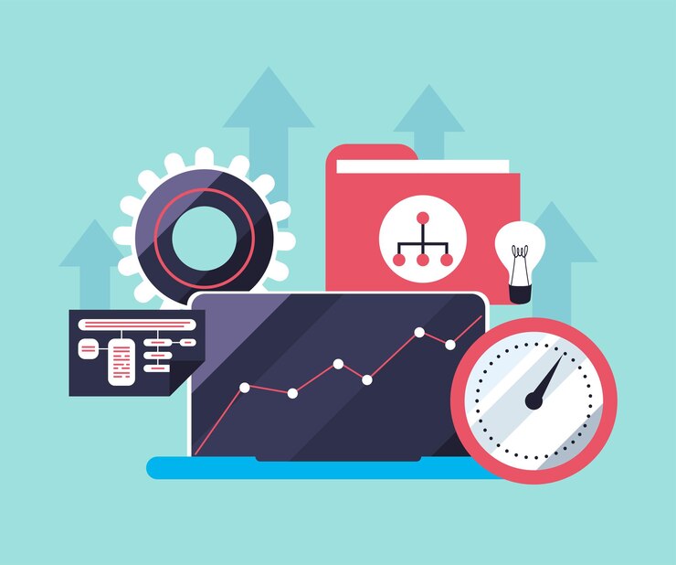 Vector laptop con aumento de línea y reloj