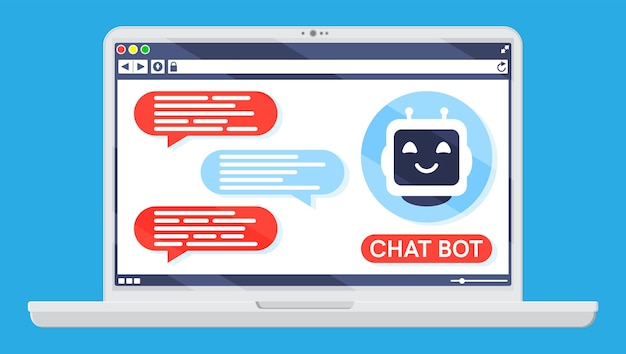 Vector laptop con bot de chat habla en burbuja en pantalla robot con ventana de habla chatbot saluda bot de apoyo en línea inteligencia artificial ayudante de ia servicio y soporte asistente ilustración vectorial plana