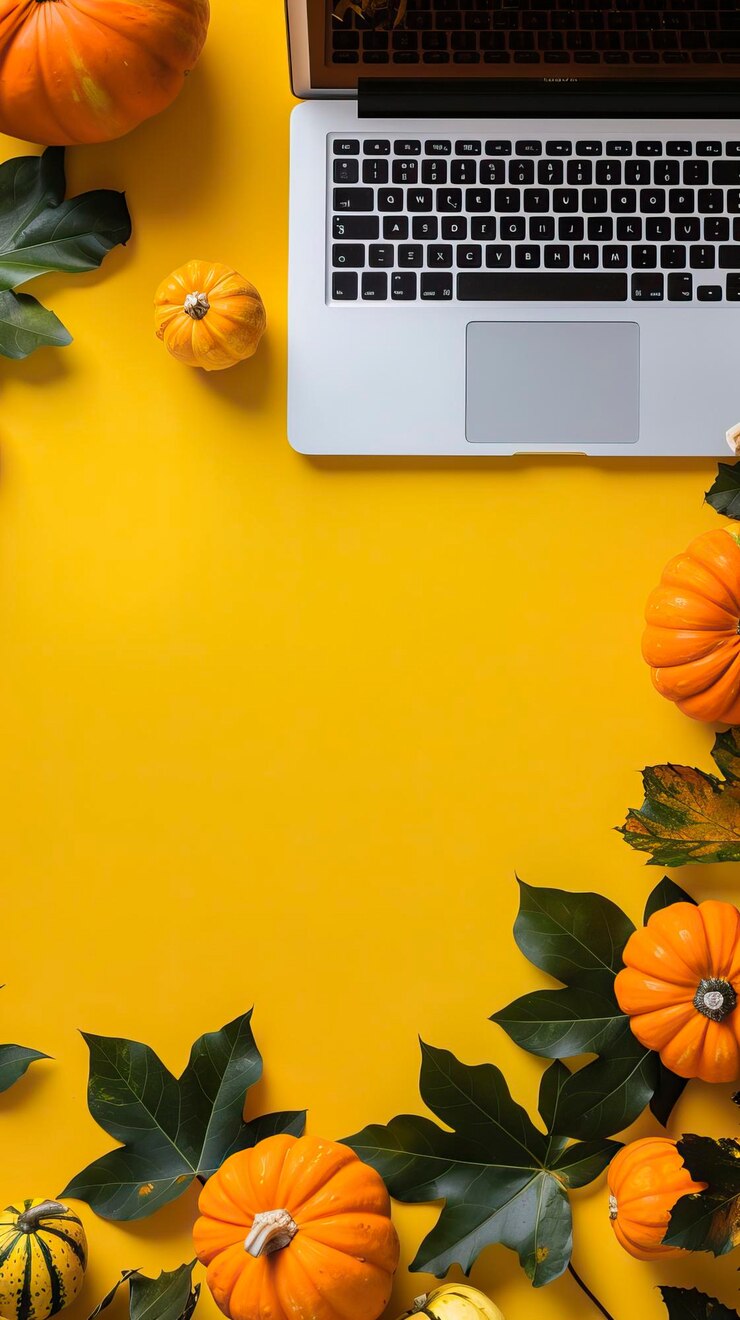 Vector laptop y calabazas en un fondo amarillo vista superior feliz halloween