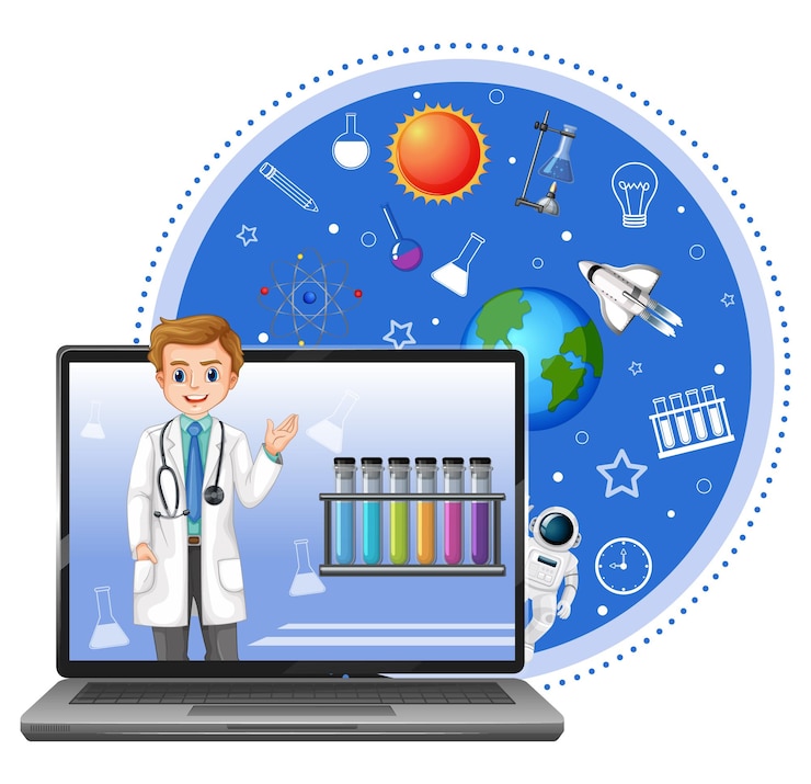 Vector laptop con científicos y objetos espaciales.