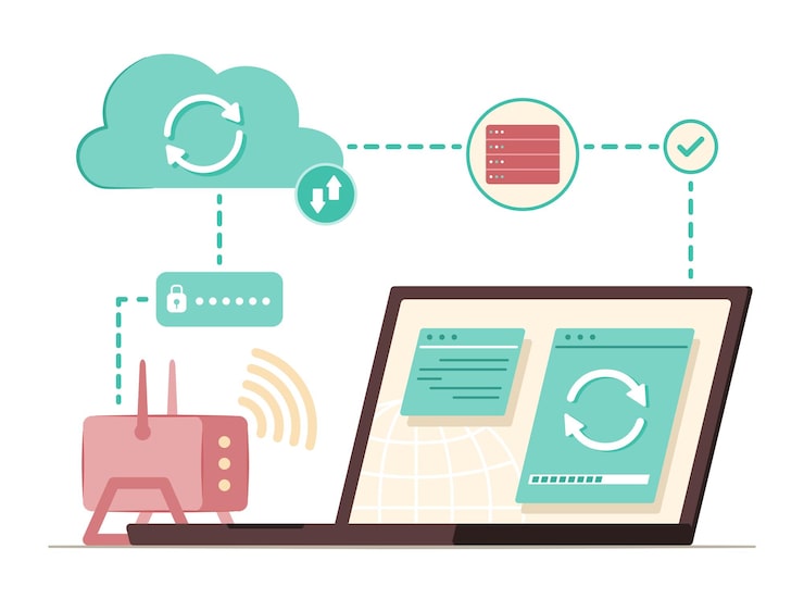 Vector laptop computer sync data with cloud computing server via wifi signal from wifi router