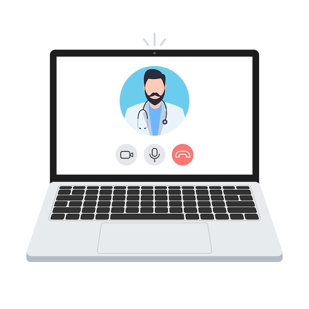 Laptop con consulta médica en línea en pantalla Concepto de medicina en línea Avatar médico masculino con cabello negro en pantalla Ilustración vectorial