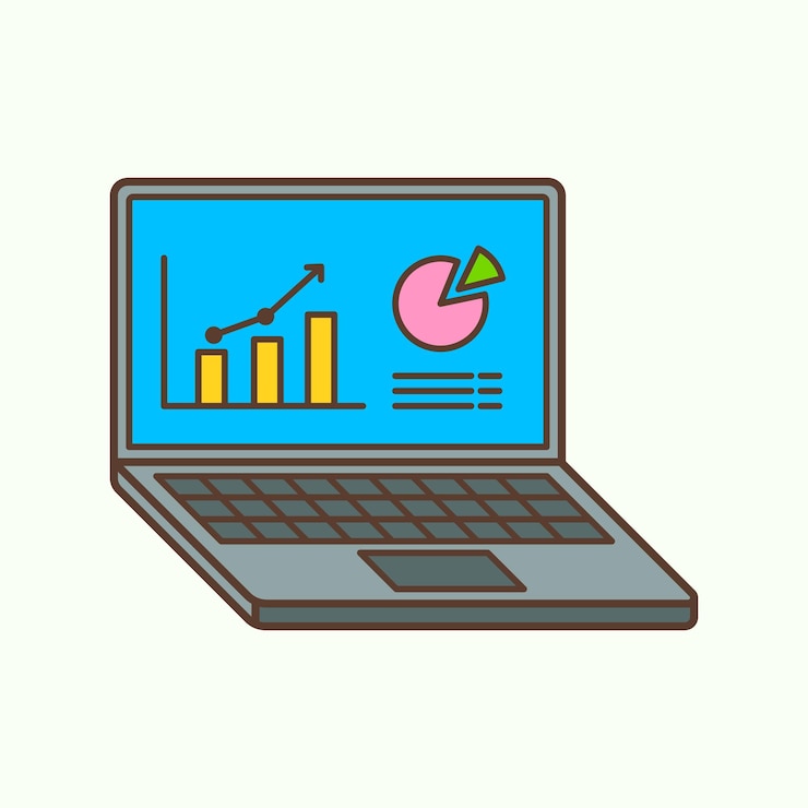 Vector laptop con diagrama e ilustración plana del gráfico