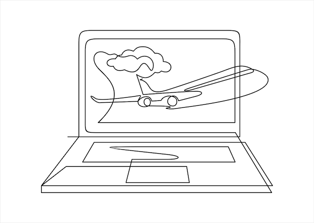 Vector laptop con dibujo de línea continua de avión volador concepto de viaje ilustración vectorial