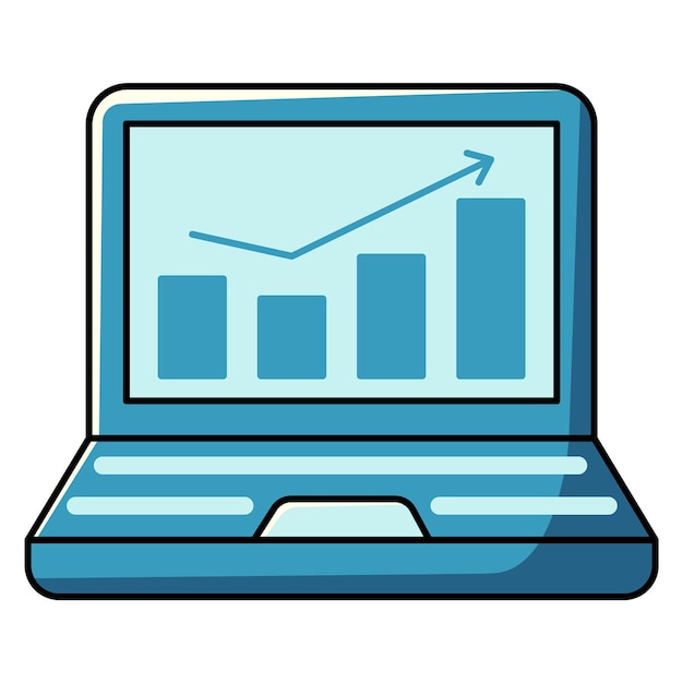 Laptop de dibujos animados con gráfico de barras en la pantalla Ilustración de garabateo vectorial aislado