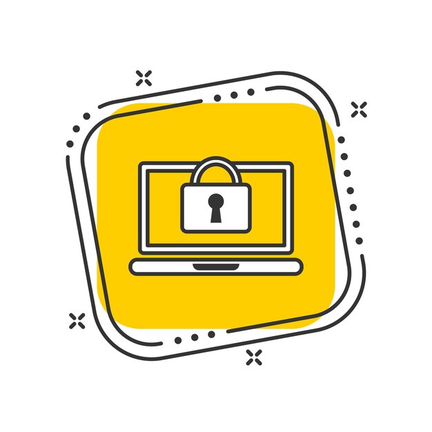 Laptop de dibujos animados con ilustración vectorial de icono de bloqueo Llave en fondo cuadrado amarillo aislado Concepto de señal de acceso
