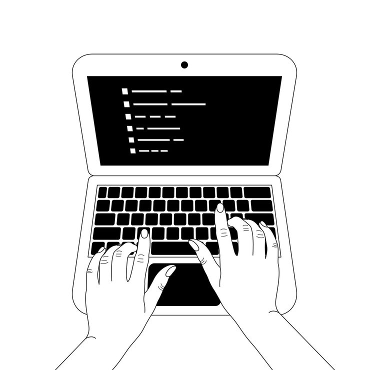 Vector a laptop displaying code with hands typing symbolizing programming and software development