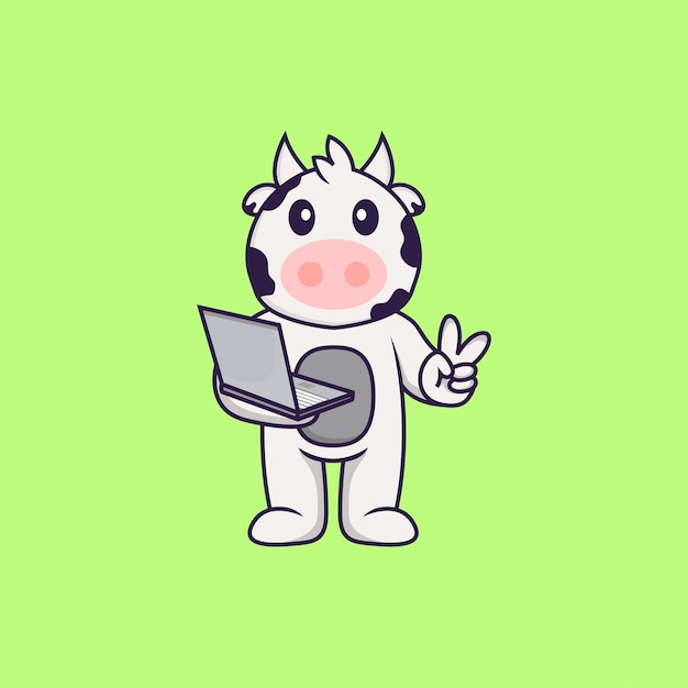 Laptop de explotación de vaca linda. Concepto de dibujos animados de animales aislado.