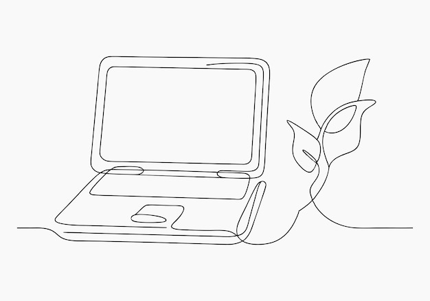 Laptop con hojas - Arte de línea minimalista
