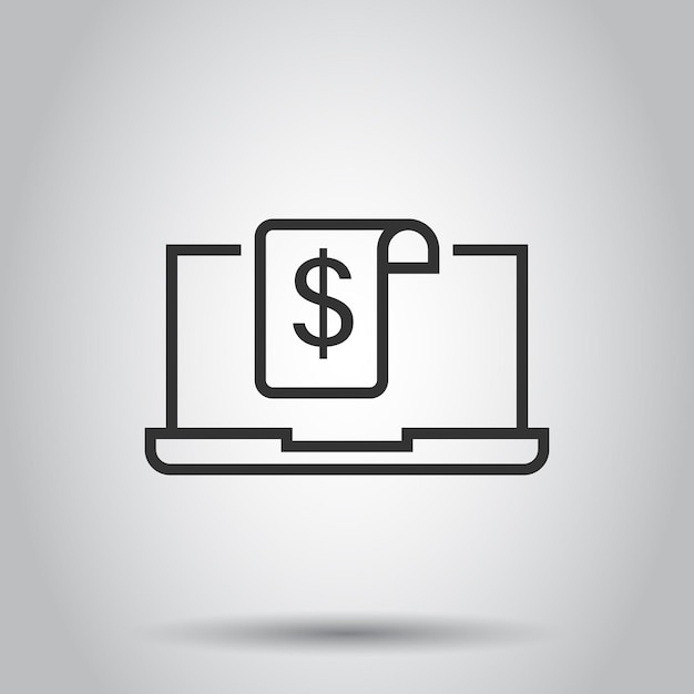 Laptop con icono de dinero en estilo plano Ilustración de vector de dólar de computadora sobre fondo blanco aislado Concepto de negocio de monitoreo de finanzas