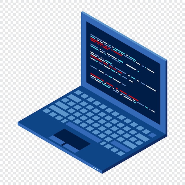 Laptop isométrico 3D computadora portátil isométrica Lenguaje de programación abstracto y código de programación en una pantalla de portátil Tecnología isométrica
