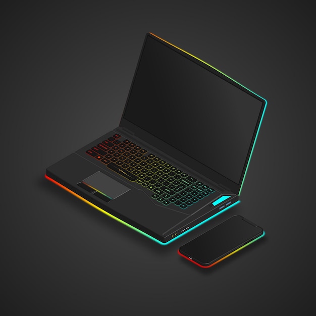 Vector laptop para juegos con colores neón y teléfono inteligente