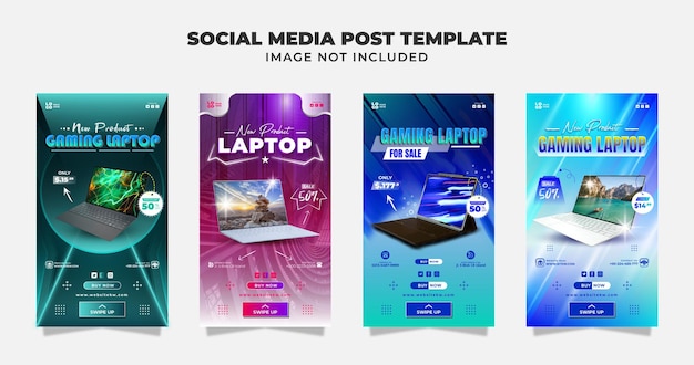 Vector laptop de juegos para la venta social media story post banner y plantilla de volante con fondo gradiente