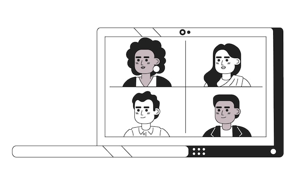 Vector laptop con llamada de video grupal objeto de dibujos animados 2d en blanco y negro reunión en línea con colegas en el portátil elemento de esquema vectorial aislado reunión virtual ilustración de punto plano monocromático