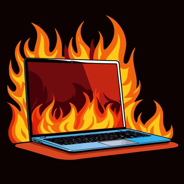 Laptop en llamas que indica sobrecalentamiento de la computadora y ilustración del vector de fallo