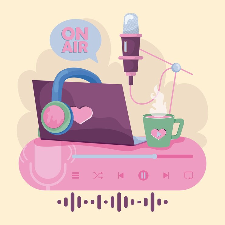 Vector laptop con micrófono y auriculares en el aire concepto de podcast ilustración vectorial