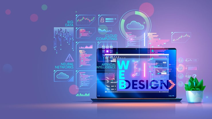 Vector laptop on desk with software of web design programming creation app software development abstract design elements of computer technology on screen laptop online education of technology web design