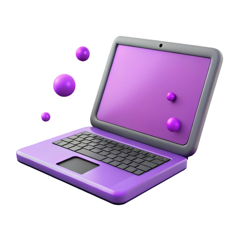 Laptop púrpura con ilustraciones de bolas en 3D