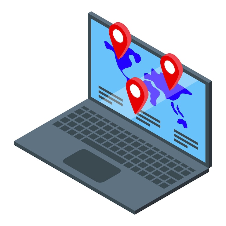 Vector laptop que muestra un mapa del mundo con pines de ubicación para la planificación de viajes y navegación