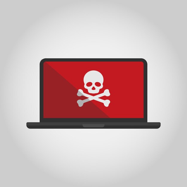 Laptop con sobre y calavera en la pantalla concepto de piratería de virus y seguridad ilustración de vector plano