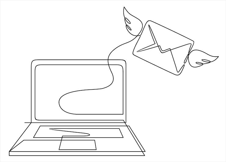 Vector laptop y sobre ilustración de construcción de lista de correo electrónico ilustración continua de una línea de arte