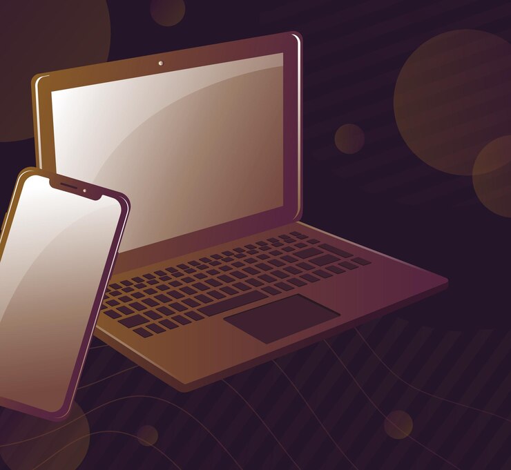 Vector laptop con teléfono inteligente en un fondo abstracto