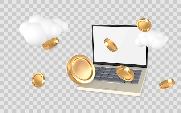 Laptop with Gold Coins and Cloud Elements Representing Online Income Digital Finance
