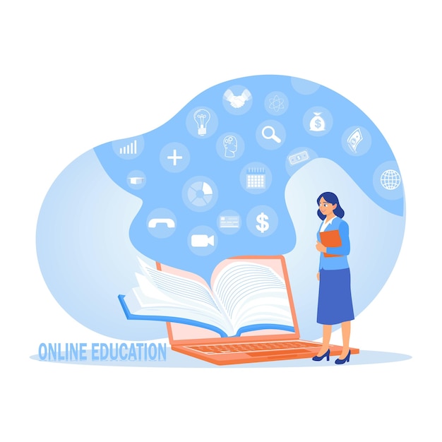 Laptops como una idea de educación en línea Laptop y libro abierto con iconos de educación En línea Concepto de educación Ilustración vectorial plana