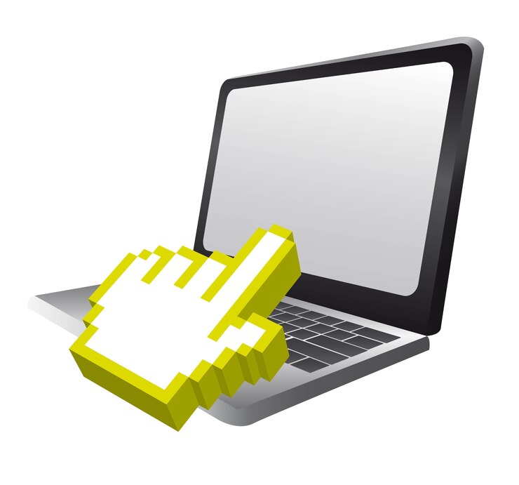 Vector laptor con 3d cursor mano apuntando vector aislado
