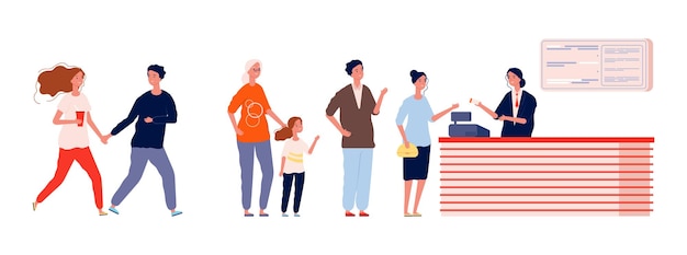 Larga cola para el cine. Gente esperando en línea comprando boleto para la película. Ilustración de vector de entretenimiento para adultos, adolescentes y niños. Cola de cine o línea de conciertos de entretenimiento.