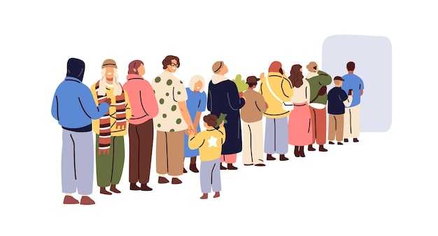 Larga cola de gente. Línea de clientes, de pie y esperando. Multitud haciendo cola, muchos hombres, mujeres compradoras en la entrada, vista trasera. Concepto de alta demanda. Ilustración de vector plano aislado sobre fondo blanco