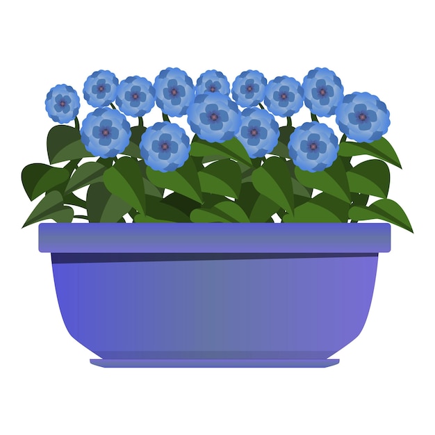 Larga maceta púrpura de flores azules en estilo realista Lecho de flores para la ventana Vector colorido