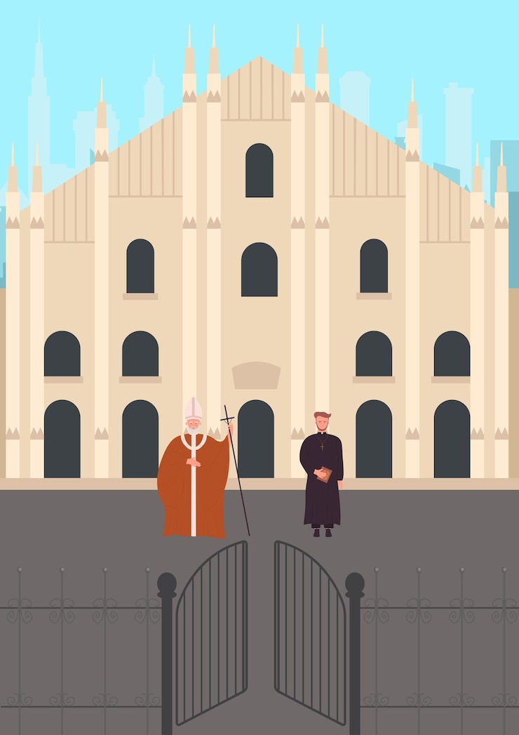 Vector large church vector illustration of senior pastor carrying a staff of power beside a junior pastor