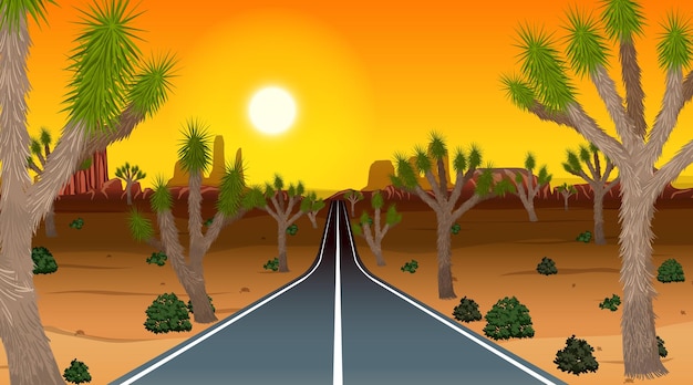 Vector largo camino a través de la escena del paisaje desértico al atardecer