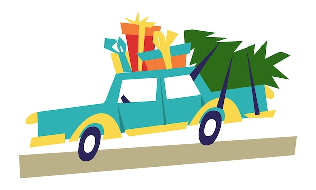 largo coche viejo azul está llevando un árbol de Navidad y regalos para Navidad Año Nuevo en la carretera aislado