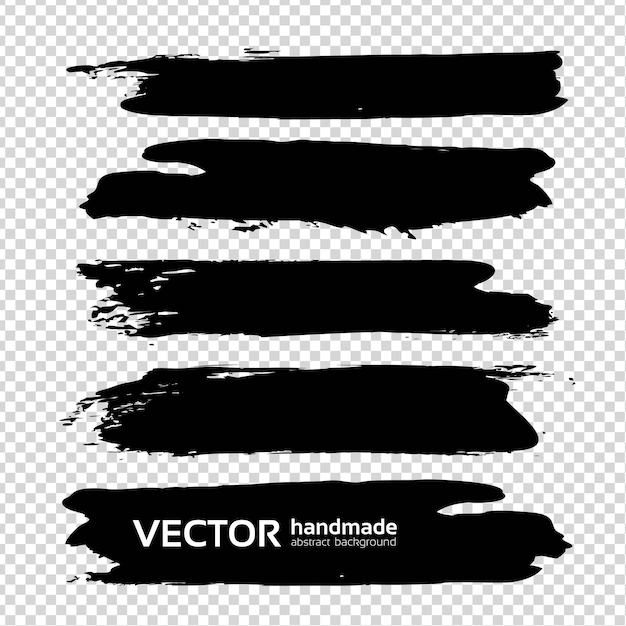 Largos trazos de tinta abstracta negra con textura en un fondo transparente de imitación